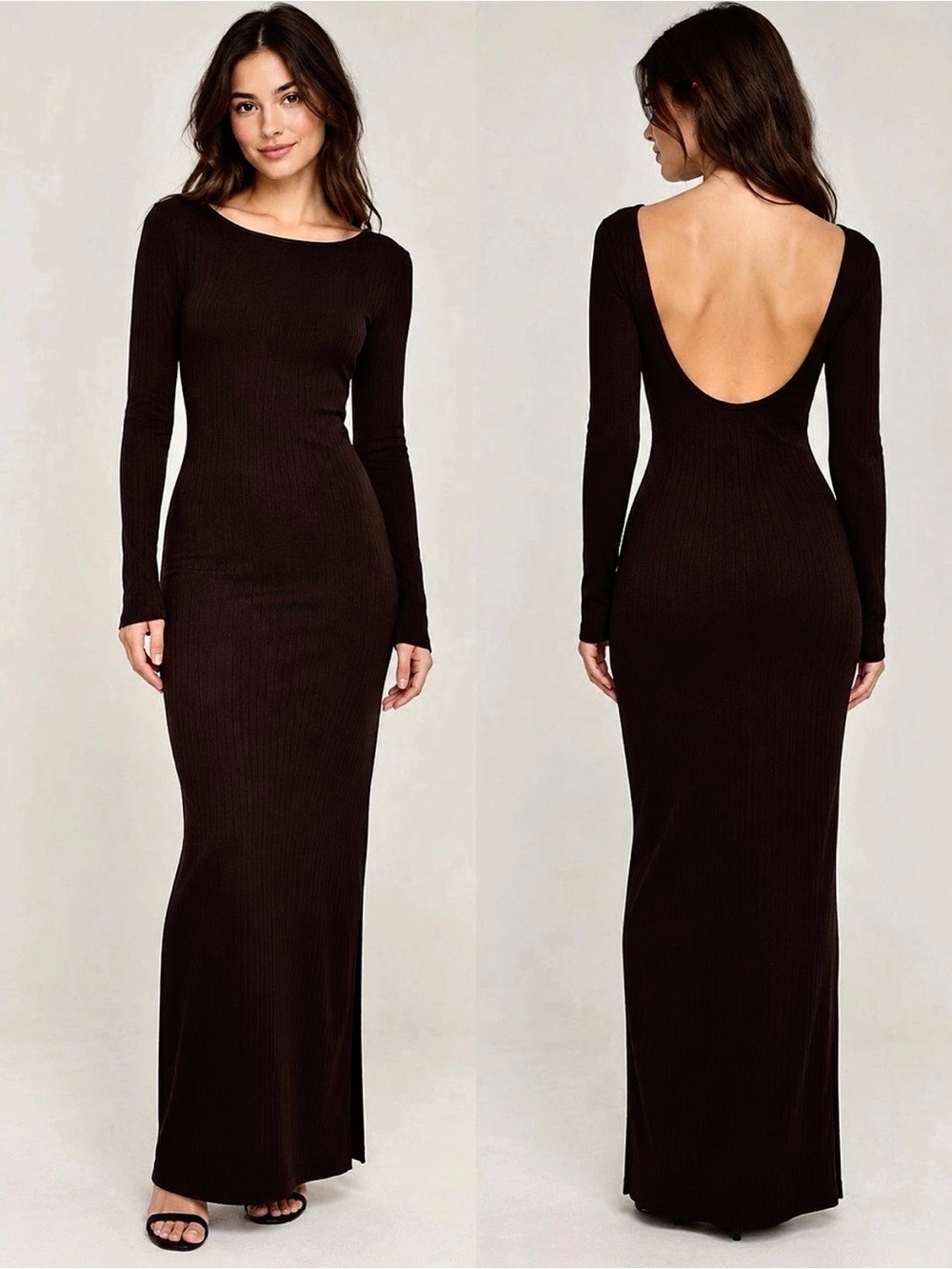 H&M Black Ribbed Long Sleeve Open Back Maxi Dress Size Small